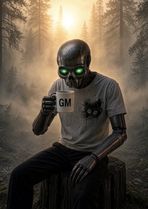 A robotic figure with a skull-like face and glowing green eyes sits on a tree stump in a misty forest, wearing a white t-shirt and holding a white mug that says 'GM'.