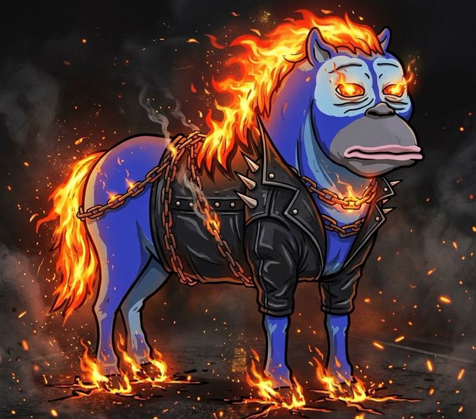 A digital illustration of a blue horse with a flaming mane and tail, wearing a black leather vest with spikes and chains.