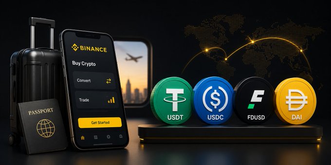 A promotional image for Binance showing a smartphone with the "Buy Crypto" app, a passport, suitcase, airplane window, and four cryptocurrency tokens (USDT, USDC, FDUSD, DAI) against a world map background.