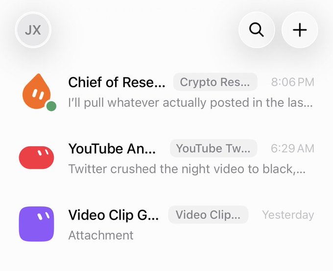 A Signal chat interface showing three conversations with custom bot agents: "Chief of Rese..." (Crypto Research), "YouTube An..." (YouTube Twitter), and "Video Clip G..." (Video Clip), reflecting three AI agents on standby for content creation tasks.