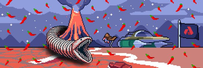 A pixel art scene depicts a worm-like creature erupting from the ground with lava, raining red peppers, alongside a scorpion-like character and a 'Half-Life' logo flag.