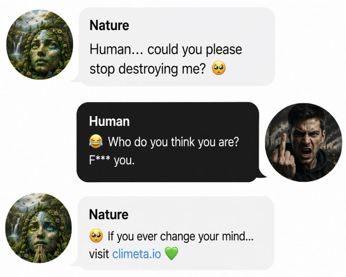 A satirical chat exchange where 'Nature' pleads "Human... could you please stop destroying me? 🥺", a hostile 'Human' responds with "😂 Who do you think you are? F*** you.", and 'Nature' replies "🥺 If you ever change your mind... visit climeta.io 💚", promoting a climate action website.