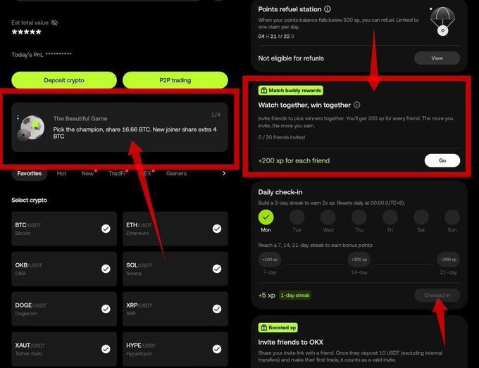A cryptocurrency exchange app interface showing rewards and referral features, including 'The Beautiful Game' BTC promotion, 'Match buddy rewards,' and a daily check-in section.