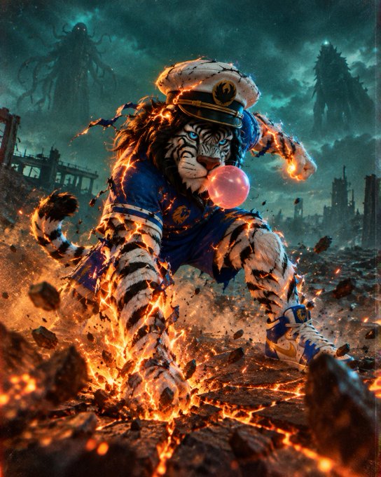 A fierce anthropomorphic white tiger wearing a blue sailor-style uniform and captain's hat bursts through cracked, lava-filled ground while blowing a pink bubblegum bubble.