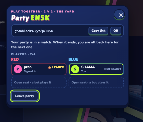 A multiplayer party screen for the game Growblocks showing a 2v2 match called "Party EN5K" with the join link "growblocks.xyz/p/EN5K" displayed, featuring player "pran" as leader on the Red team and user "SHAMA" as Not Ready on the Blue team, matching the post inviting others to join the game.