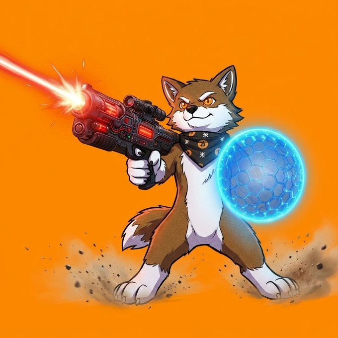 The image features a cartoon dog holding a gun with red lights and blue lights, standing on dirt ground. The background of the image is orange, which contrasts with the brown fur of the dog. There are also some text elements present in the image that read "I like that @SolgunGG has more players now, I just started a match and got in the first try. For those living under a rock, solgan.gg is $LOBO ' s new game on Solana." The dog appears to be playing with a ball while holding the gun, which adds to the overall playful atmosphere of the image.