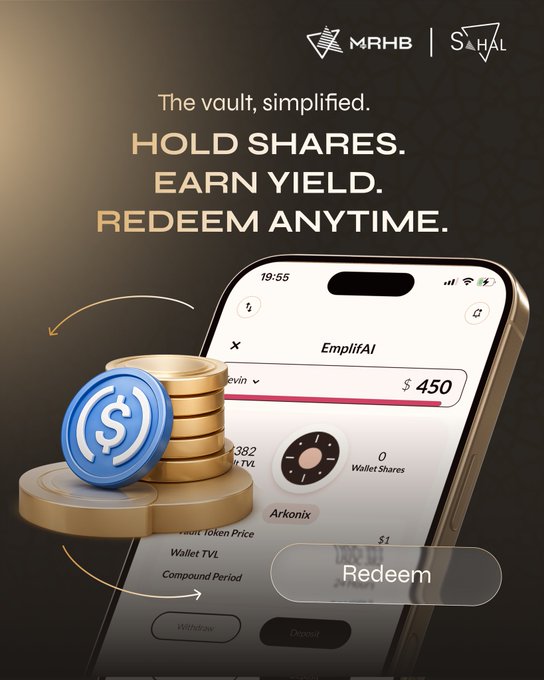 The image features an advertisement for Emplifai that is displayed on a cell phone screen. The text on the screen reads "Meet Emplifai. USDC in. Curated on-chain yield out. Non-custodial. Real-time value tracking. On-demand redemption. That is the product." This suggests that Emplifai is an app designed for users to manage their assets and track their values, providing real-time updates and enabling them to participate in on-demand redemption. The image also includes a stack of gold coins placed next to the cell phone screen, which further emphasizes the connection between the advertisement and the product being advertised.