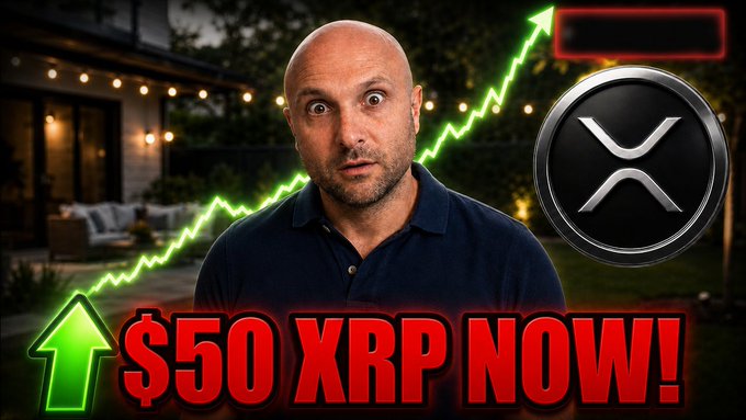 A surprised man stands in front of a house backdrop with a green upward arrow and an XRP logo, alongside bold red text reading "$50 XRP NOW!"—visually amplifying the post's bullish claim that a major prime brokerage is integrating XRP into its TradFi infrastructure, suggesting a dramatic price surge is imminent.