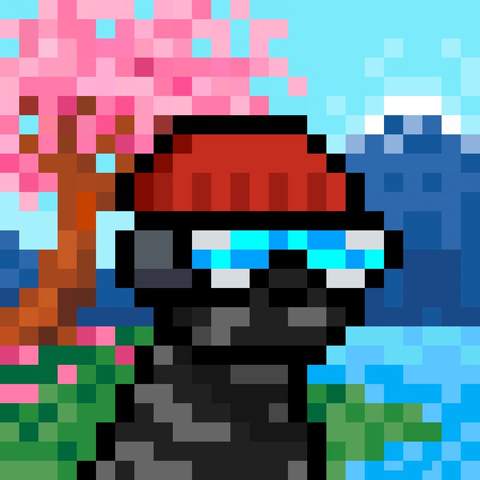 A pixel art image showing a red-headed figure with cyan sunglasses against a backdrop of pink, blue, and green pixelated blocks.