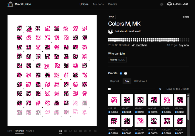 A screenshot of a "Credit Union" interface showing pixel-art pieces for an auction titled "Color M, MK" by "hot.visualize.eth," displaying progress (70 of 80 Credits) and a list of individual pixel art tiles for sale.