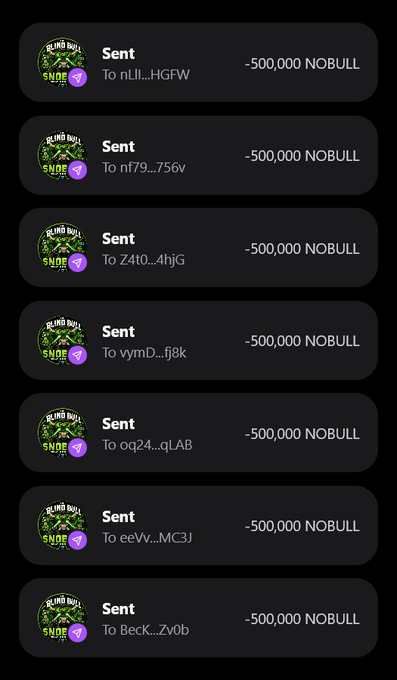 A screenshot showing seven separate transactions of -500,000 NOBULL tokens sent to different wallet addresses, illustrating the airdrop distribution promised in the promotional post offering 500,000 $NOBULL tokens to the first 555 wallets that follow the engagement requirements.
