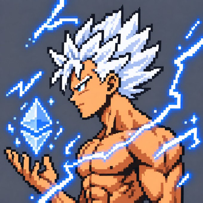 A pixel art illustration of a muscular character with spiky white hair and orange skin, surrounded by blue lightning, holding a blue crystal in their hand.