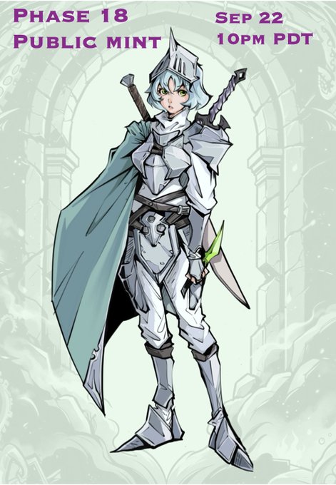 An anime-style illustration of an armored knight character with green eyes and a teal cape, accompanied by text reading 'PHASE 18 PUBLIC MINT Sep 22 10PM PDT'.
