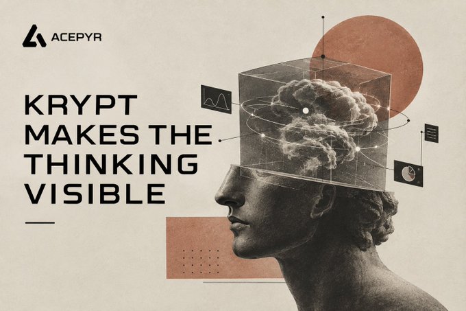 Graphic design featuring a classical bust with a transparent cube on its head containing a cloud-like brain. Text reads 'ACEPYR' and 'KRYPT MAKES THE THINKING VISIBLE'.