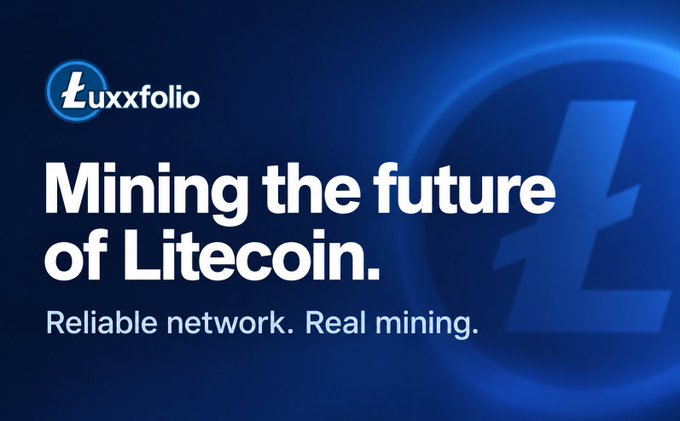 An advertisement graphic for 'Luxxfolio' featuring the text 'Mining the future of Litecoin' and 'Reliable network. Real mining.' next to a large Litecoin symbol.