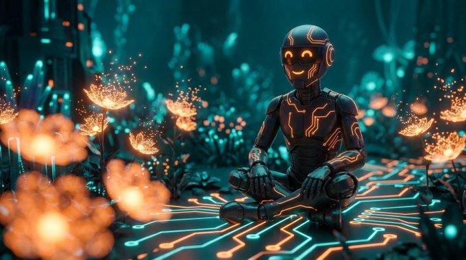 A small robot with glowing orange circuit-like patterns sitting in a meditative lotus pose among glowing orange flowers and a neon-lit circuit board landscape.