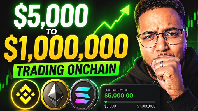 A YouTube-style thumbnail titled '$5,000 to $1,000,000 TRADING ONCHAIN' featuring a man with glasses, logos for Binance, Ethereum, and Solana, and a portfolio value progress bar.