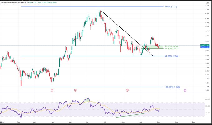 A stock chart for Real Infrastructure Corp (REAX) showing candlestick price action from February through October, with Fibonacci retracement levels marked at 61.80%, 50.00%, and 61.80%, along with an RSI indicator below.