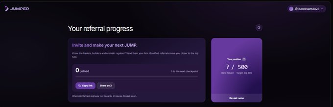 A screenshot of a 'JUMPER' referral progress page with the username '@Rubenloen2023', showing '0 joined' and '2 / 500' referrals toward the next checkpoint.