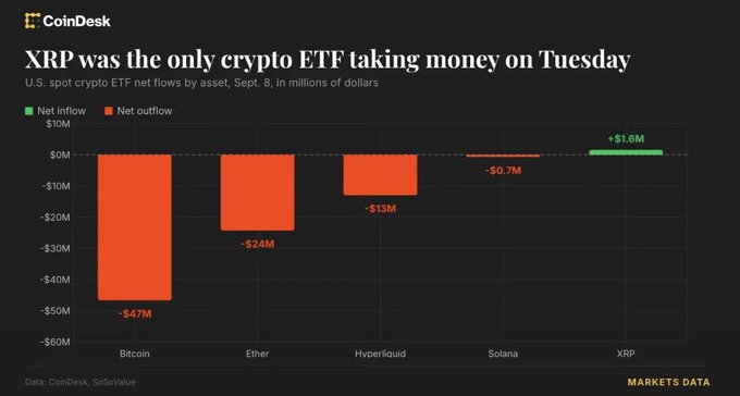 A CoinDesk chart shows U.S. spot crypto ETF net flows on September 8, revealing that XRP was the sole asset with positive inflows at +$1.6M, while Bitcoin saw the largest outflow at -$47M, followed by Ether (-$24M), Hyperliquid (-$13M), and Solana (-$0.7M).