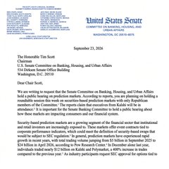 The image shows a press release dated September 23, 2024, from United States Senator Tim Scott's office, announcing a roundtable on "Innovation, Housing, and Urban Affairs" at the U.S. Senate Committee on Banking, Housing, and Urban Affairs. The post suggests this is related to Democratic Senators' concerns that the committee's prediction markets discussion will be a Republican-only event.