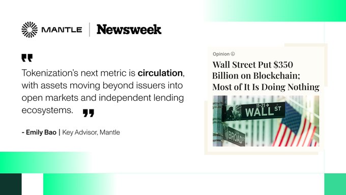 The image shows a Mantle and Newsweek collaboration featuring a quote from Emily Bao, Key Advisor at Mantle, stating "Tokenization's next metric is circulation, with assets moving beyond issuers into open markets and independent lending ecosystems." Alongside the quote is a Newsweek Opinion headline reading "Wall Street Put $350 Billion on Blockchain: Most of It Is Doing Nothing," visually reinforcing the post's message that the industry is measuring the wrong metrics of success.