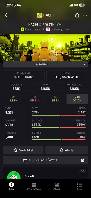 Screenshot of a cryptocurrency tracking app showing the HACHI token priced at $0.0001602, trading on Uniswap V4 with a market cap of $160K and 1,390 traders.