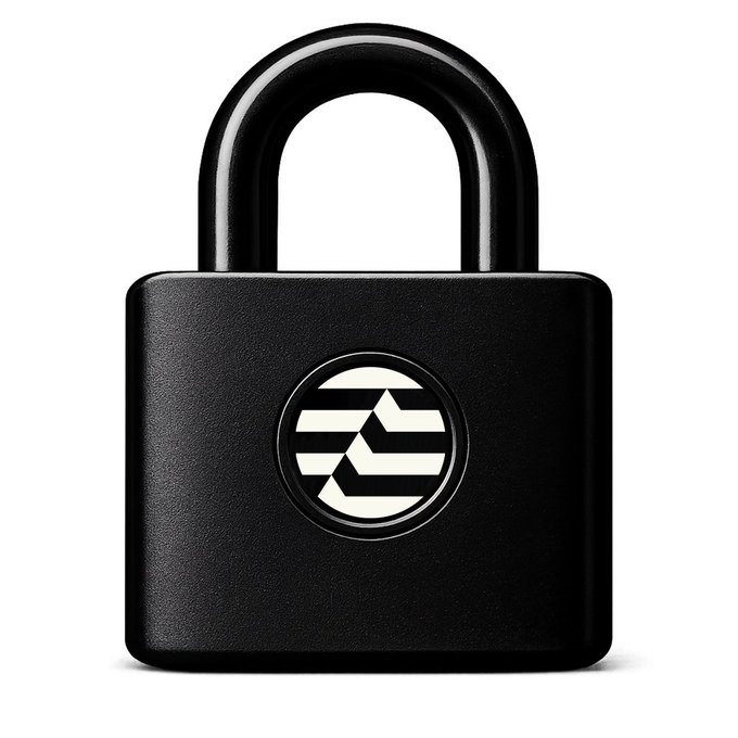 A black padlock with a circular emblem featuring horizontal stripes and an angular logo, displayed on a white background.