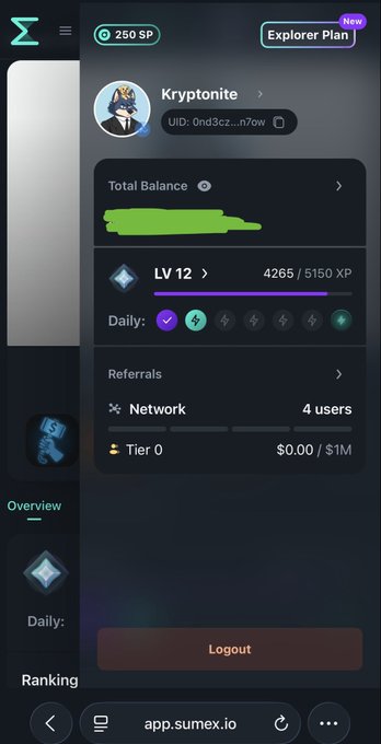 A mobile app dashboard for Sumex showing a user profile named 'Kryptonite' with Level 12 status (4265/5150 XP), Tier 0 network tier, and a green-highlighted total balance.