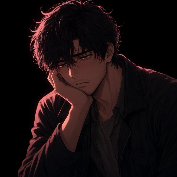 Anime-style illustration of a dark-haired man in a dark jacket resting his chin on his hand with a pensive expression against a black background.