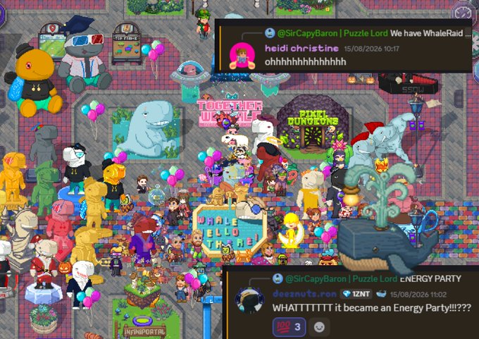 Crowded virtual pixel-art world scene filled with diverse avatars, balloons, and signs like 'TOGETHER WE ALL' and 'WHALE HELLO THERE', with chat messages mentioning 'WhaleRaid' and 'Energy Party'.