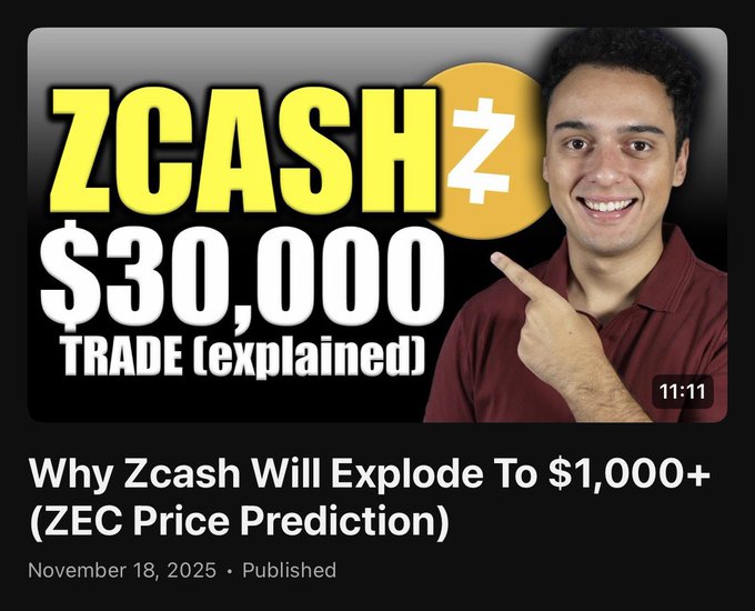 YouTube thumbnail titled 'ZCASH $30,000 TRADE (explained)' featuring a smiling man pointing at the text, with the video title 'Why Zcash Will Explode To $1,000+ (ZEC Price Prediction)' published November 18, 2025.