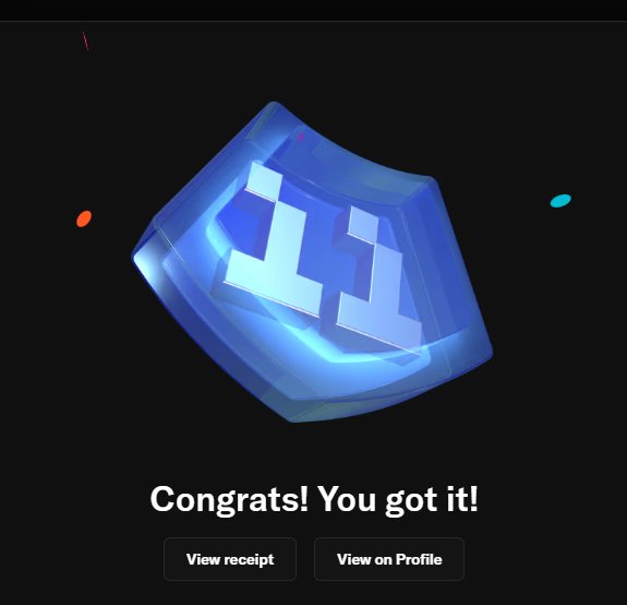 A dark screen displaying a glowing blue shield-shaped item with pixelated eyes, accompanied by the text 'Congrats! You got it!' and buttons to 'View receipt' and 'View on Profile'.