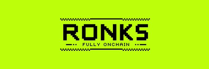 A bright green logo for RONKS with the tagline 'FULLY ONCHAIN' displayed in a pixel-style font.