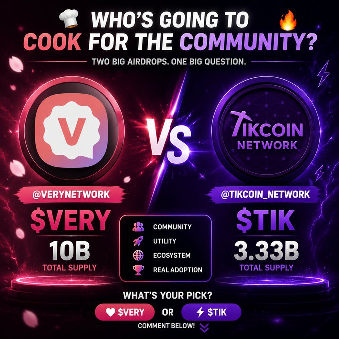 The image is a vibrant "VS" comparison graphic titled "WHO'S GOING TO COOK FOR THE COMMUNITY?" pitting $VERY (10B total supply) from @VERYNetwork against $TIK (3.33B total supply) from @TikCoin_Network, with the caption highlighting how factors like community, utility, ecosystem, and real adoption will determine the winner between the two airdrops.