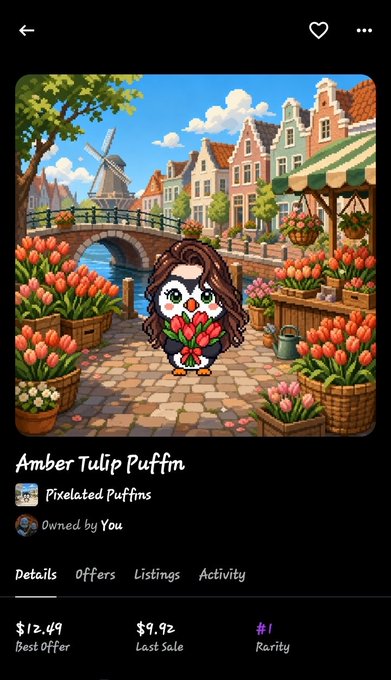 An NFT listing titled 'Amber Tulip Puffin' from the 'Pixelated Puffins' collection, showing a pixel art puffin holding tulips in a Dutch village setting, with a Best Offer of $12.49, Last Sale of $9.92, and Rarity #1.