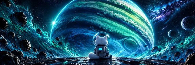 A small white cat in an astronaut suit gazes up at a massive, swirling turquoise planet surrounded by asteroids and distant moons, evoking a sense of cosmic exploration. The futuristic space scene serves as a dramatic banner image for the Solana token $JUPCAT, tying the adventurous feline mascot to the project's celestial theme.