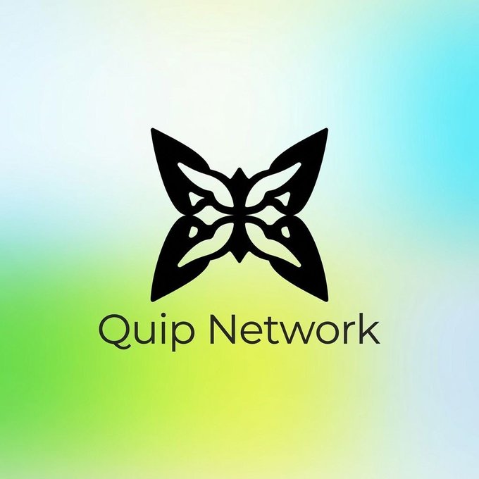The image features a logo for Quip Network, which is an online platform dedicated to promoting blockchain technology. The logo consists of a black butterfly design with wings spread wide open. The butterfly symbolizes the idea that Quip Network aims to connect people through the power of blockchain and cryptocurrency.