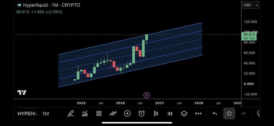 A 1-month candlestick chart of Hyperliquid (HYPE) on the crypto market displays a strong upward trend, with the price currently at $95.612 (+2.09%, +$1.955), trading near the top of a rising parallel channel pattern.