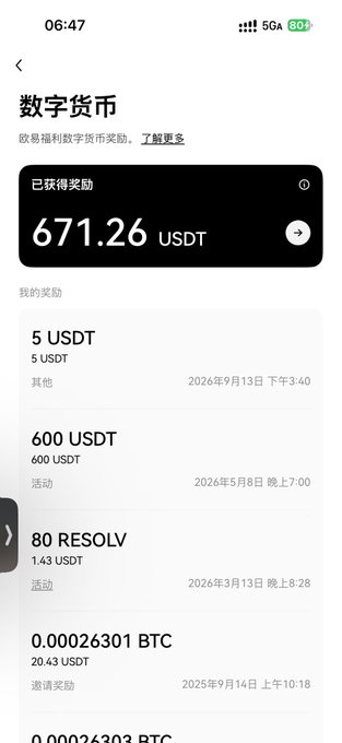 A Chinese-language mobile app screenshot showing a digital currency rewards page titled '数字货币' (Digital Currency), displaying a total earned reward of '671.26 USDT' with a list of transactions in USDT, RESOLV, and BTC.
