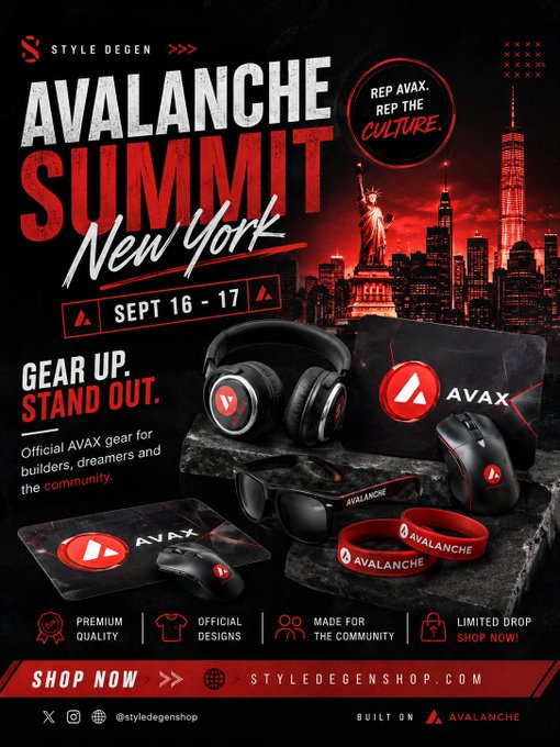 Advertisement for the 'Avalanche Summit New York' event on Sept 16-17, promoting official AVAX gear including headphones, a mouse, and a mousepad.