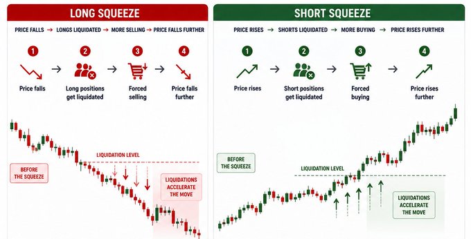The image is a side-by-side comparison illustrating the mechanics of long squeezes (left, red) and short squeezes (right, green), each showing a four-step process where an initial price move triggers position liquidations that accelerate the move further. It complements the post's explanation by visually mapping out how forced selling (longs) and forced buying (shorts) at the "Liquidation Level" create self-reinforcing price cascades in both directions.