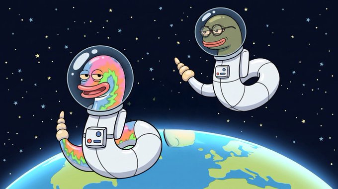 A cartoon illustration of two Pepe the Frog characters in astronaut spacesuits floating above Earth in space, one with a tie-dye pattern, both giving thumbs up against a starry background.