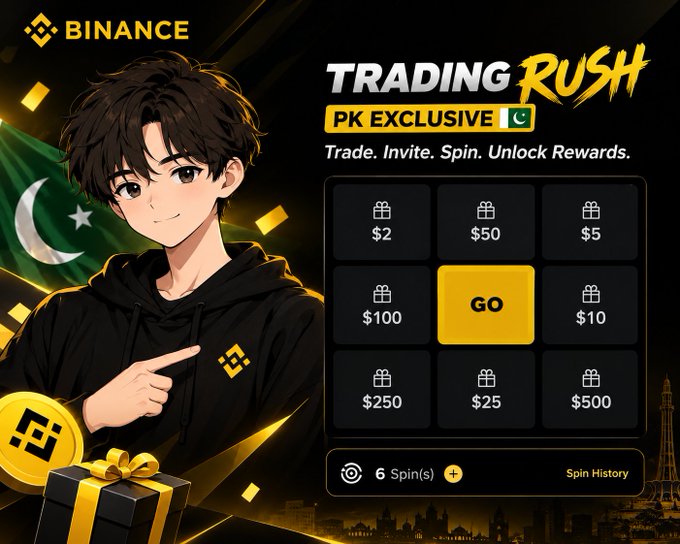 A Binance promotional graphic for the "Trading Rush PK Exclusive" campaign featuring an anime-style male character in a black hoodie beside a Pakistani flag, with a spinning reward grid showing cash prizes ($2, $5, $10, $25, $50, $100, $250, $500) and a yellow "GO" center button, 6 spins remaining, and a gift box at the bottom.