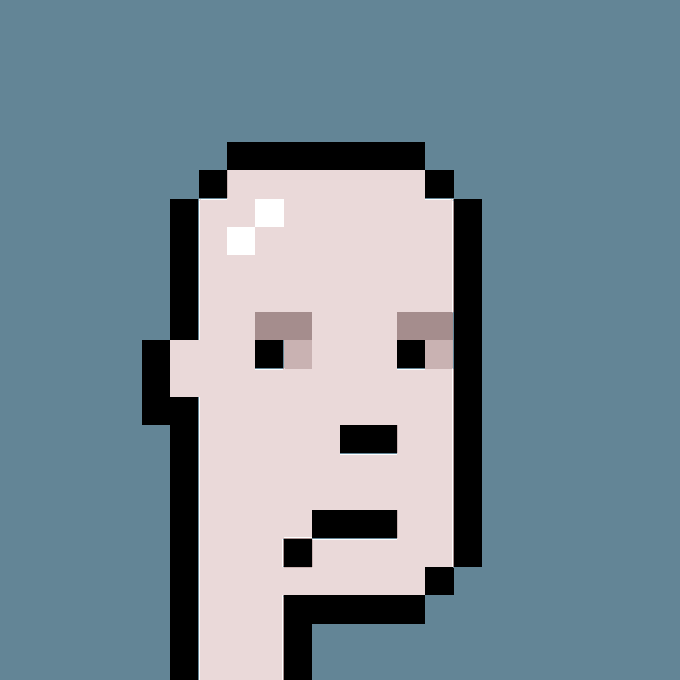 A pixel art style portrait of a bald man's face on a blue background, styled to resemble a CryptoPunk NFT, complementing the post's discussion about getting public figures to adopt a Punk as their profile picture.