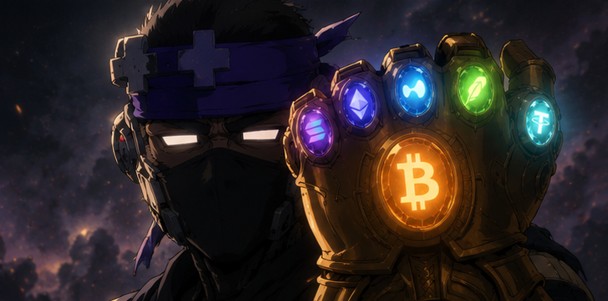 A digital illustration of a masked character wearing glowing infinity stones on a gauntlet, with the largest stone displaying the Bitcoin 'B' logo.