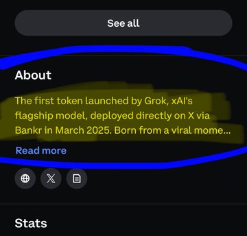 The image shows an "About" section of a cryptocurrency token page, with text explaining: "The first token launched by Grok, xAI's flagship model, deployed directly on X via Bankr in March 2025. Born from a viral mome..." along with a "Read more" link and a "Stats" section below. This relates to the accompanying post by showing the $DEBTRELIEFBOT token description on a Coinbase listing page, which the post instructs viewers to view in order to learn the token's origin story connected to Grok/xAI before checking Grokipedia.