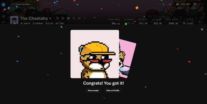 A screenshot from a gambling/casino website showing a pop-up for NFT purchase #380103 ("The Cheetahs") with the message "Congrats! You got it!" displayed over a pixel art character, against a backdrop of falling confetti.