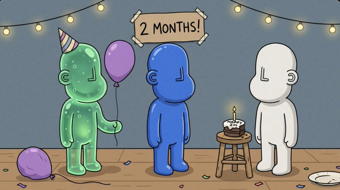 A cartoon illustration of three figures celebrating a "2 MONTHS!" anniversary, with one wearing a party hat and holding a balloon, while a small cake with a candle sits on a stool.