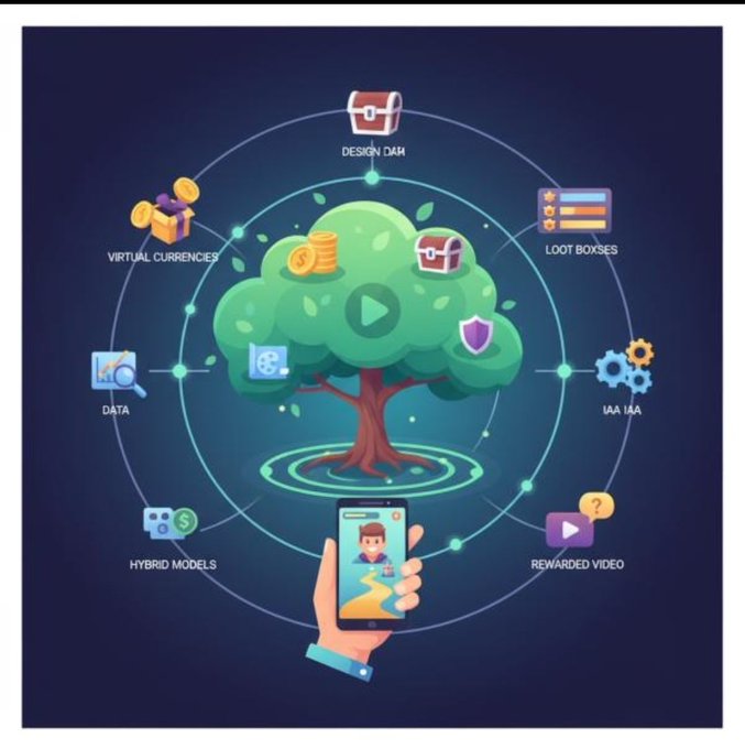 The image depicts a conceptual illustration of Pi Network's ecosystem, featuring a central tree surrounded by interconnected elements labeled "Virtual Currencies," "Design DAH," "Loot Boxes," "IAA IAA," "Rewarded Video," "Hybrid Models," and "Data," with a hand holding a smartphone at the base—symbolizing the various utility and monetization models built around the Pi cryptocurrency platform as described in the accompanying thread.
